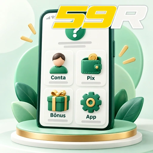 59R — ilustração de celular com categorias de ajuda sobre conta, Pix, bônus e aplicativo