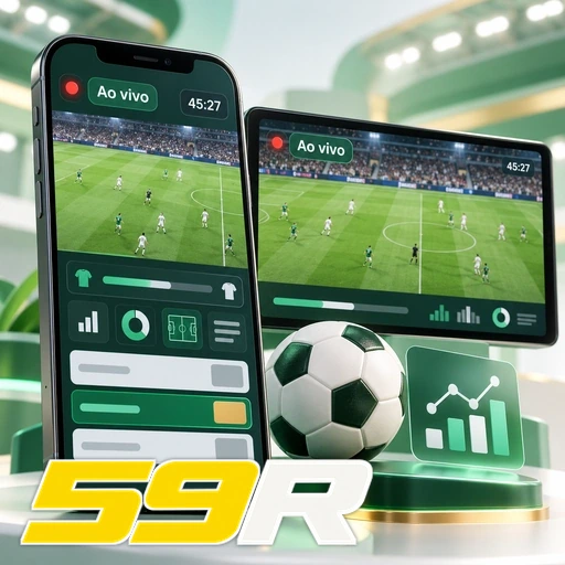 59R — ilustração de celular e tablet com uma partida de futebol ao vivo