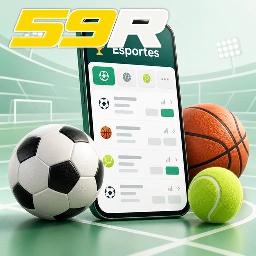 59R — ilustração de aplicativo esportivo com bolas de futebol, basquete e tênis