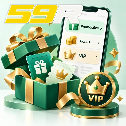 59R — ilustração de presentes, promoções e símbolo VIP ao lado de um celular