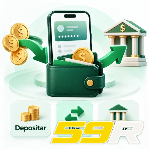59R — ilustração de carteira digital com depósito, Pix e saque
