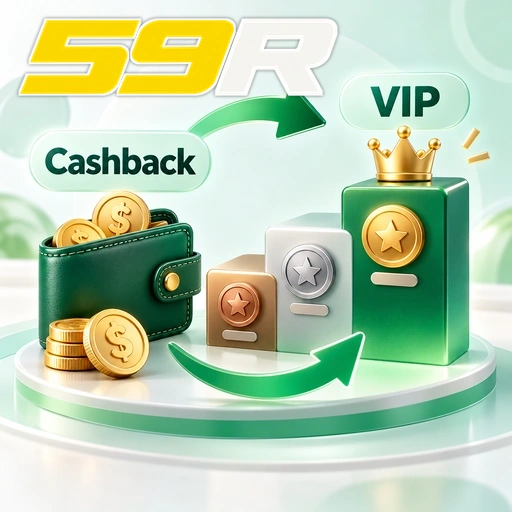 59R — ilustração de cashback e nível VIP com moedas, carteira e coroa