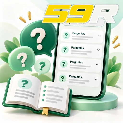 59R — ilustração de perguntas frequentes no celular com busca e pontos de interrogação