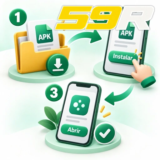 59R — ilustração das etapas de baixar, instalar e abrir um APK no celular