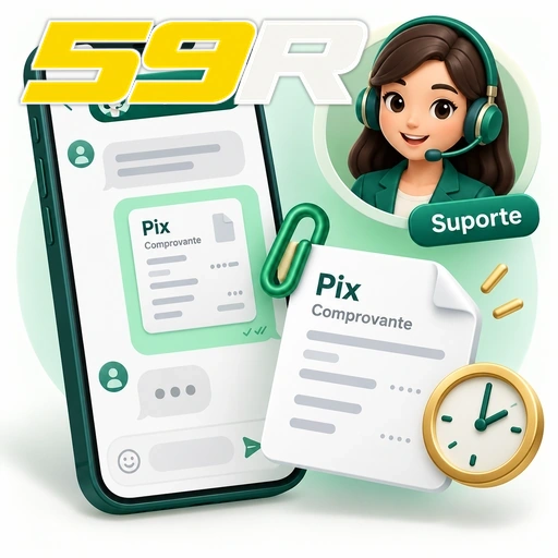 59R — ilustração de atendimento por chat com comprovante Pix e relógio