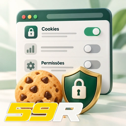 59R — ilustração de configurações de cookies e permissões com escudo e cadeado