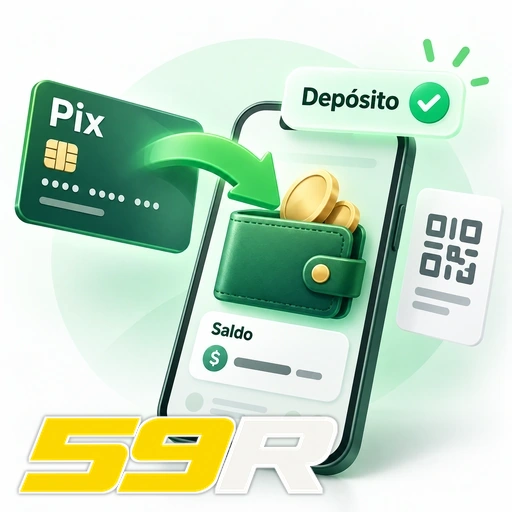 59R — ilustração de depósito Pix com QR code, carteira e saldo no celular