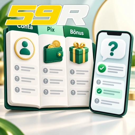 59R — ilustração de ajuda sobre conta, Pix e bônus em telas de celular
