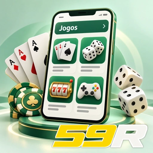 59R — ilustração de jogos no celular com cartas, dados e fichas