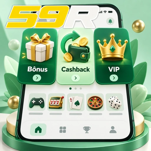 59R — ilustração de lobby de jogos com bônus, cashback e área VIP