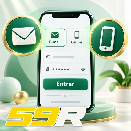 59R — ilustração de login no celular com opções de e-mail e número de telefone