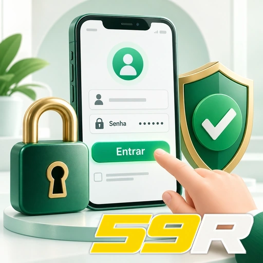 59R — ilustração de login no celular com cadeado e escudo de segurança