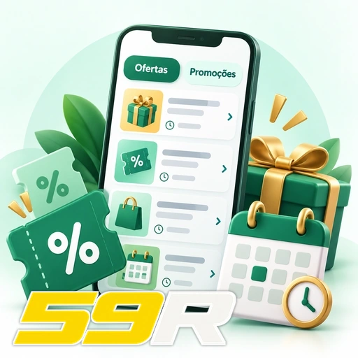 59R — ilustração de ofertas e promoções no celular com presentes e símbolos de porcentagem