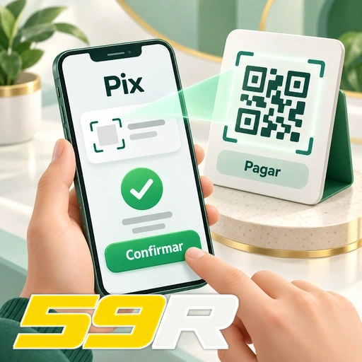 59R — ilustração de pagamento Pix no celular com QR code e confirmação