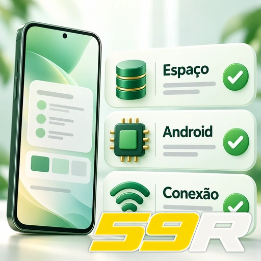 59R — ilustração dos requisitos de espaço, Android e conexão para o aplicativo