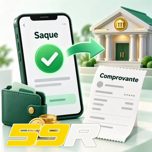 59R — ilustração de saque confirmado com carteira, moedas e comprovante