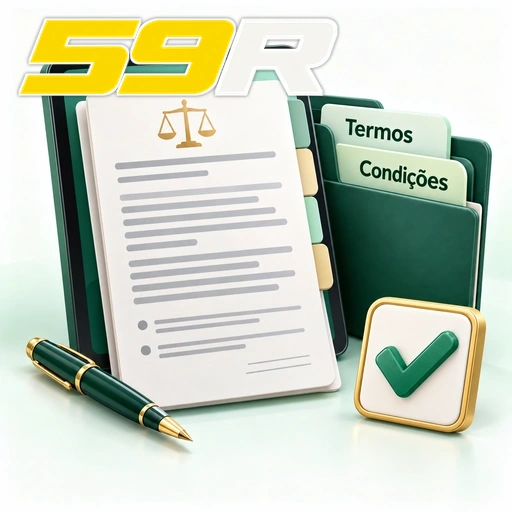 59R — ilustração de termos e condições em documentos com caneta e símbolo de confirmação