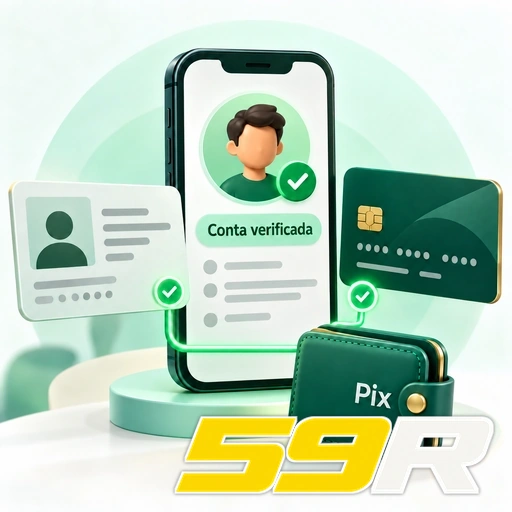 59R — ilustração de verificação de conta com documento de identidade, cartão e carteira Pix